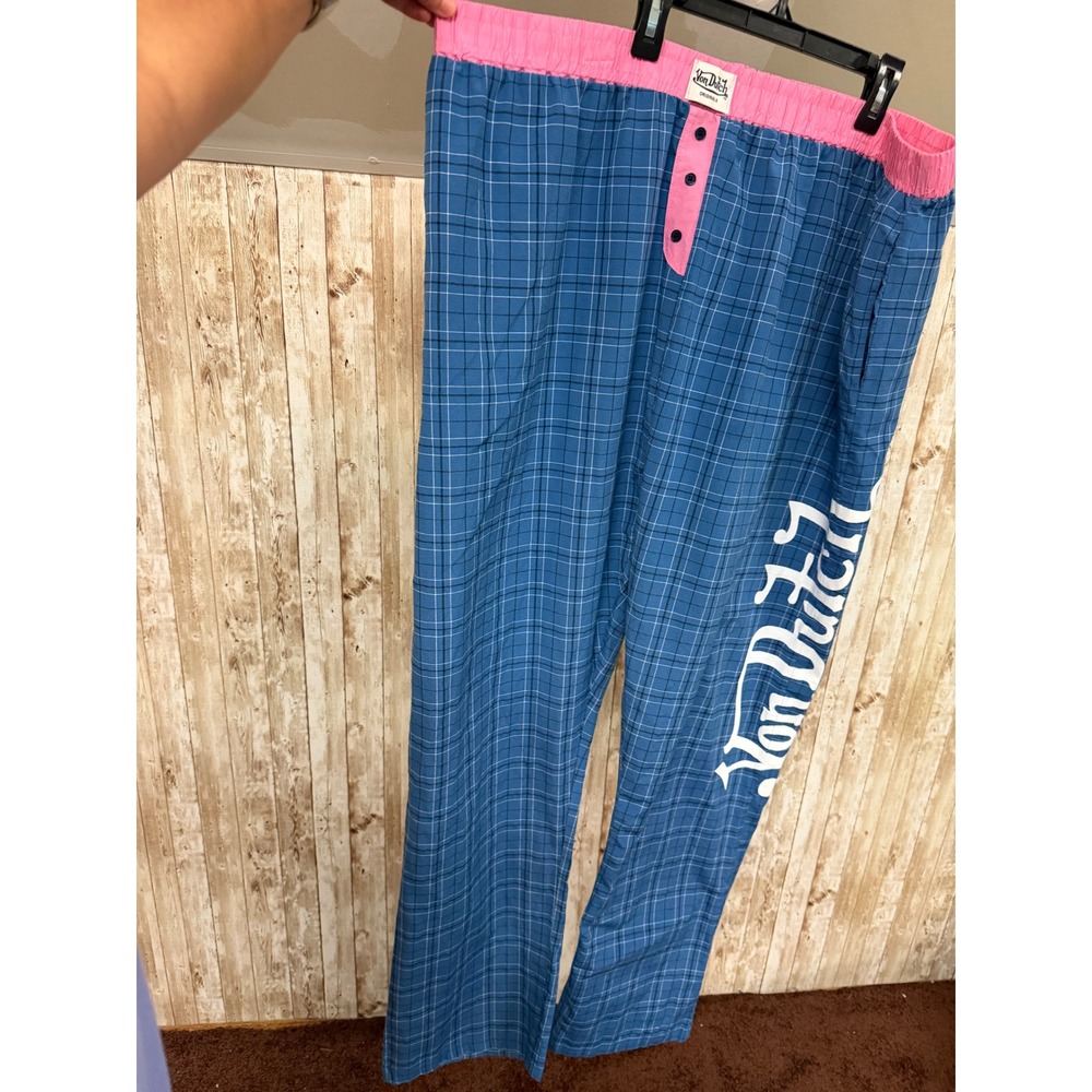 Von Dutch Blue Plaid Pajama Pants Pink Trim Logo Lounge Bottoms 3X